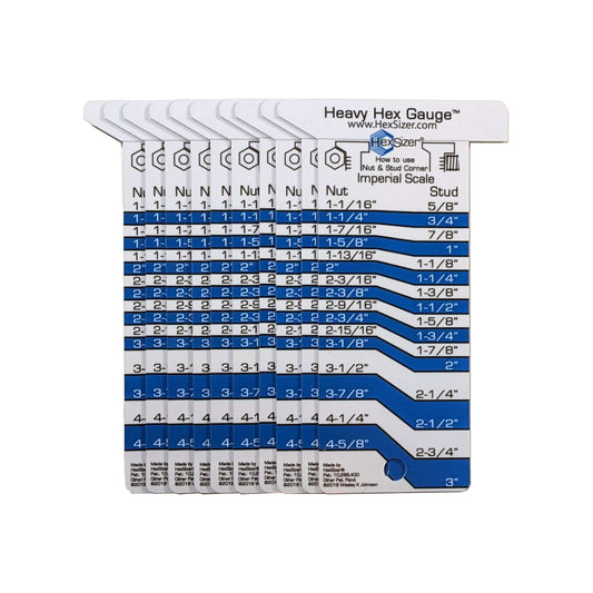 10 Pack without sleeves - Blue on White - Plastic Heavy Hex Gauge - Inch Only