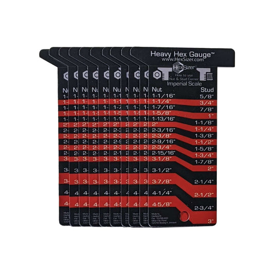 10 Pack without sleeves - Red on Black - Plastic Heavy Hex Gauge - Inch Only