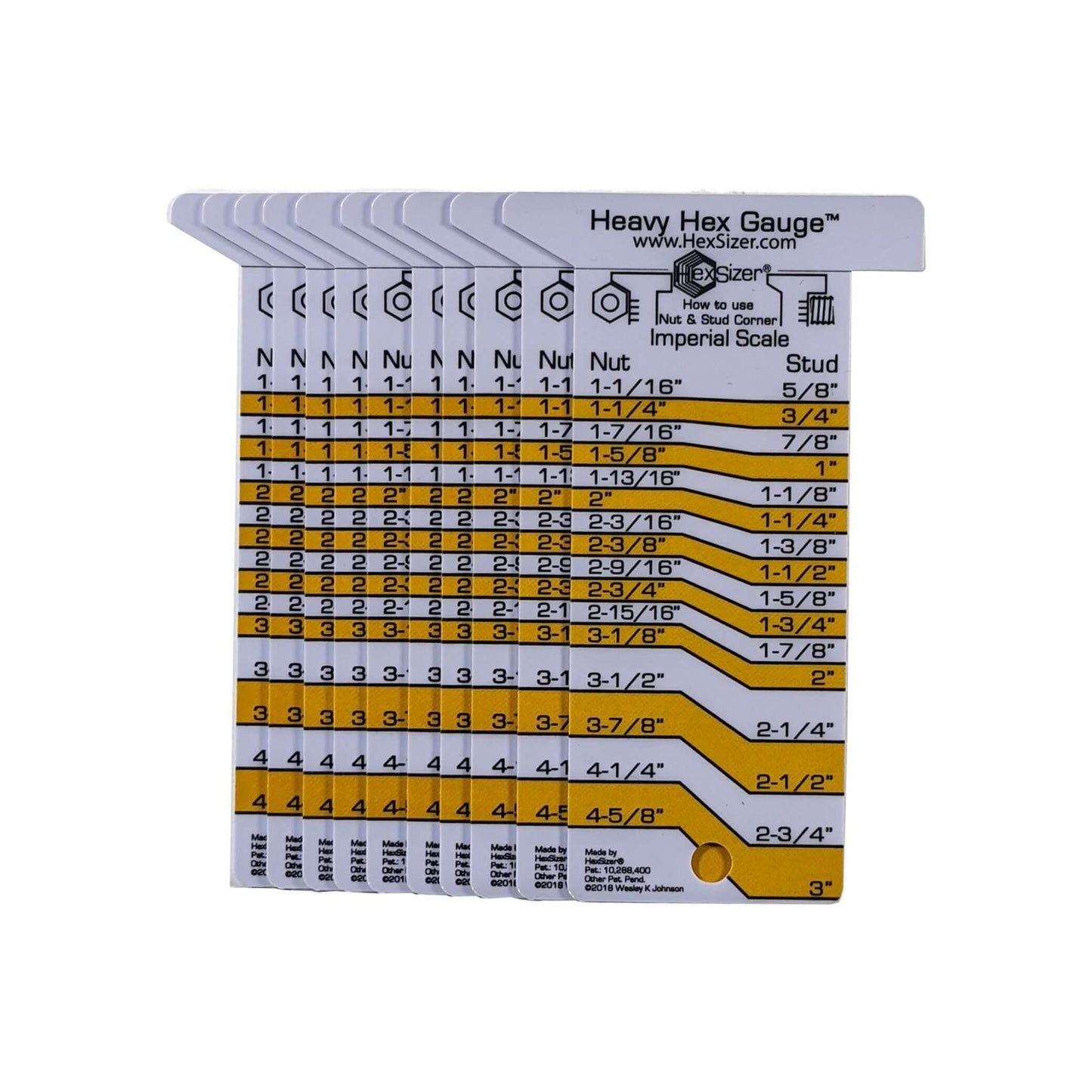10 Pack without sleeves - Yellow on White - Plastic Heavy Hex Gauge - Inch Only