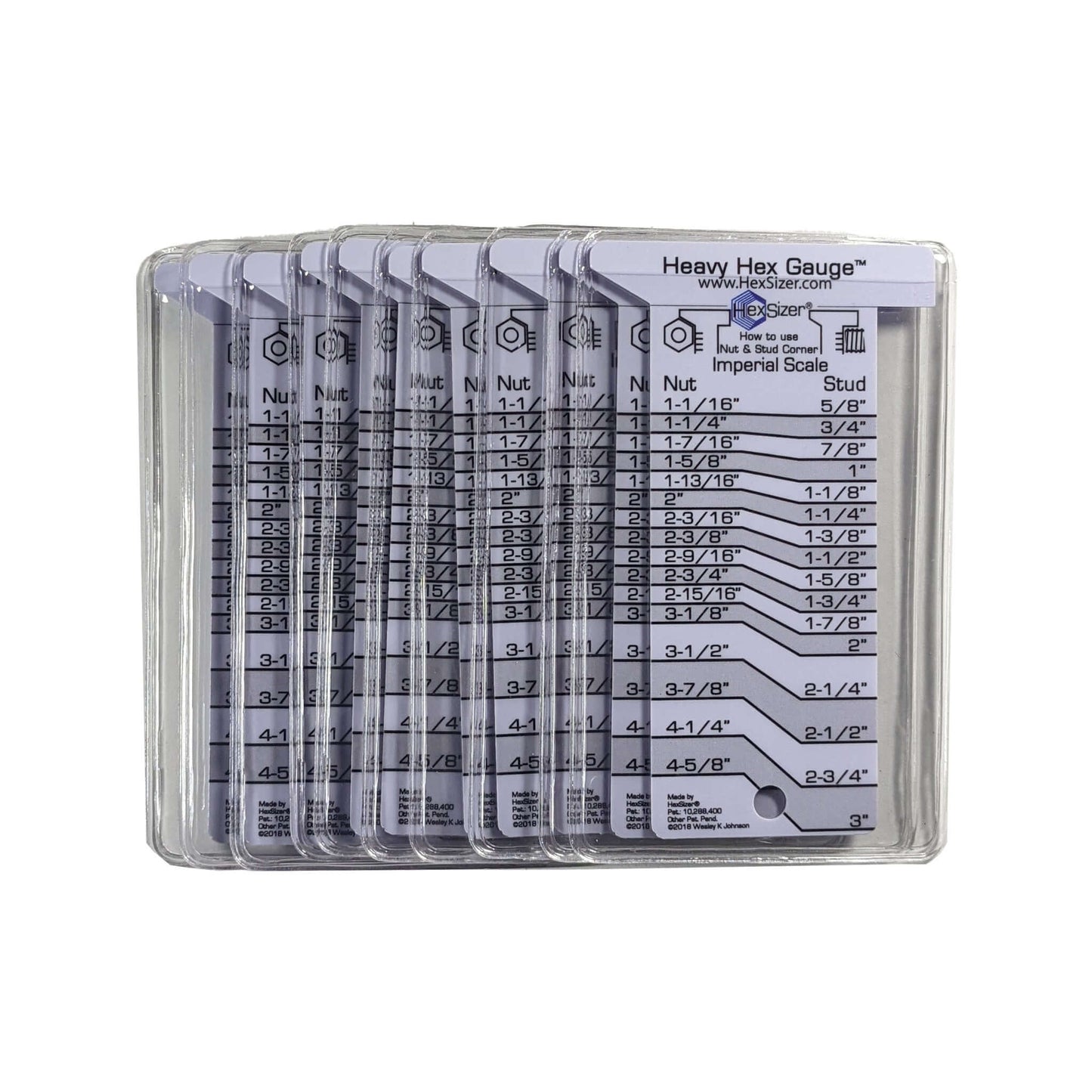 10 Pack with sleeves - Gray on White - Plastic Heavy Hex Gauge - Inch Only