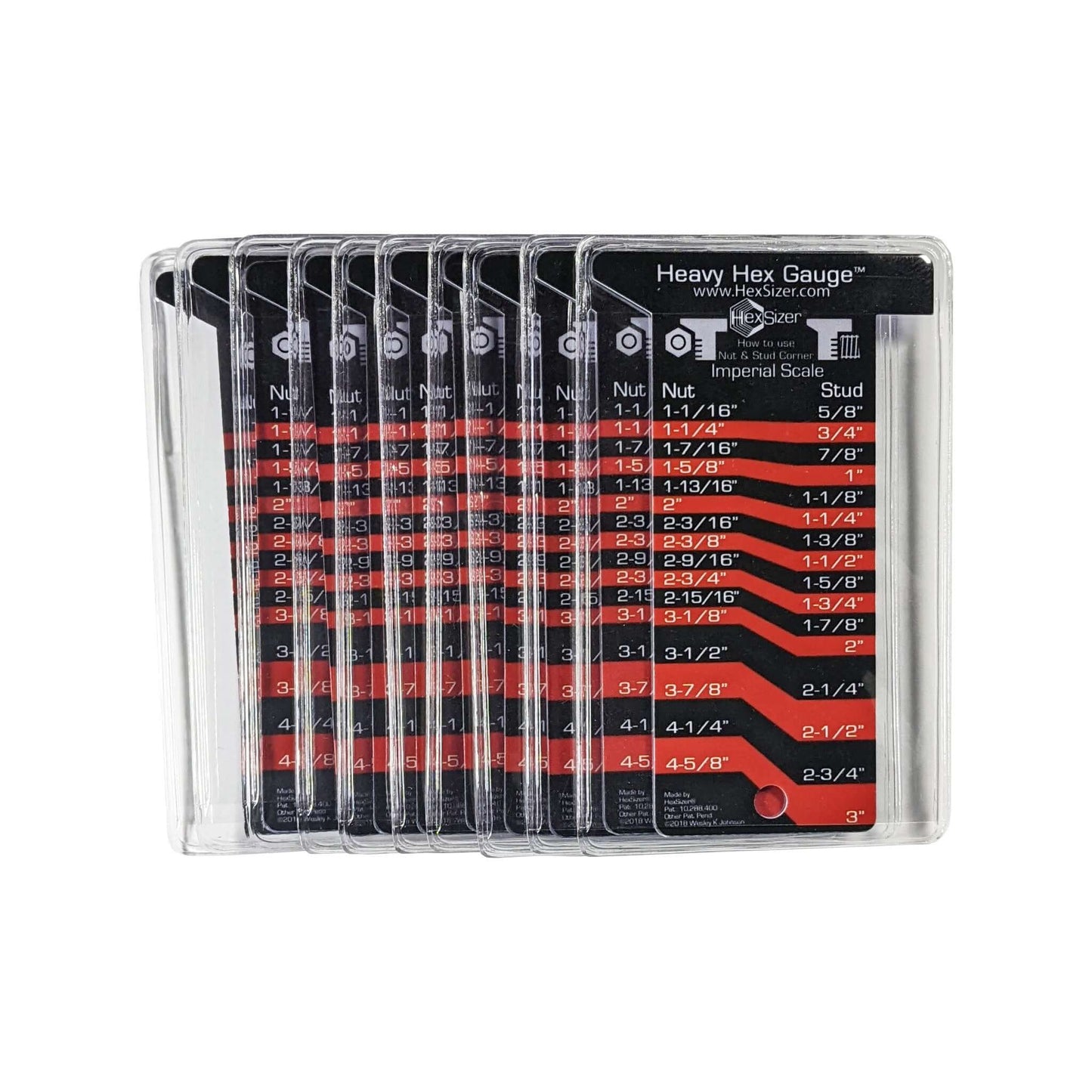 10 Pack with sleeves - Red on Black - Plastic Heavy Hex Gauge - Inch Only