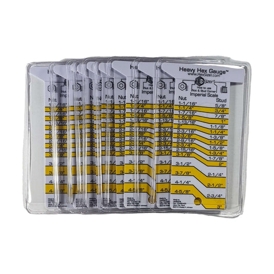 10 Pack with sleeves - Yellow on White - Plastic Heavy Hex Gauge - Inch Only