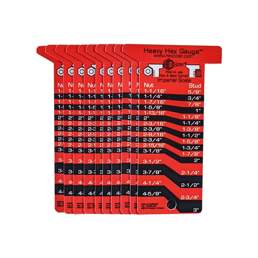 10 Pack without sleeves - Black on Red - Plastic Heavy Hex Gauge - Inch Only