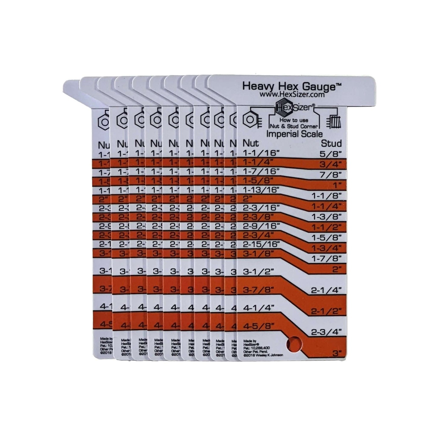10 Pack without sleeves - Orange on White - Plastic Heavy Hex Gauge - Inch Only