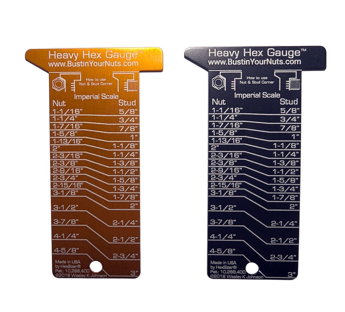 Orange and navy anodized Heavy Hex Gauges for a bolting company