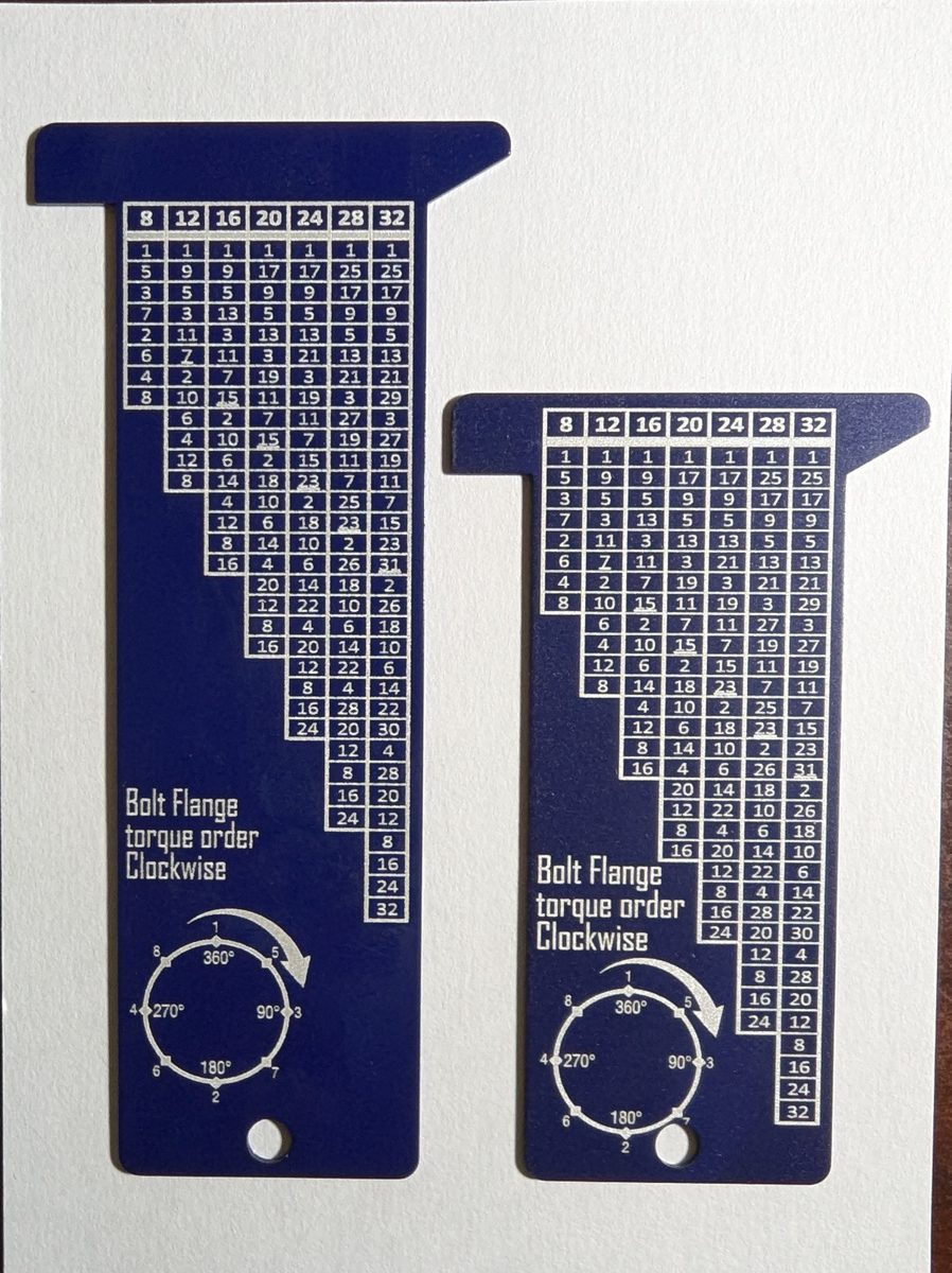 Navy anodized gauges with bolt flange torque sequence charts